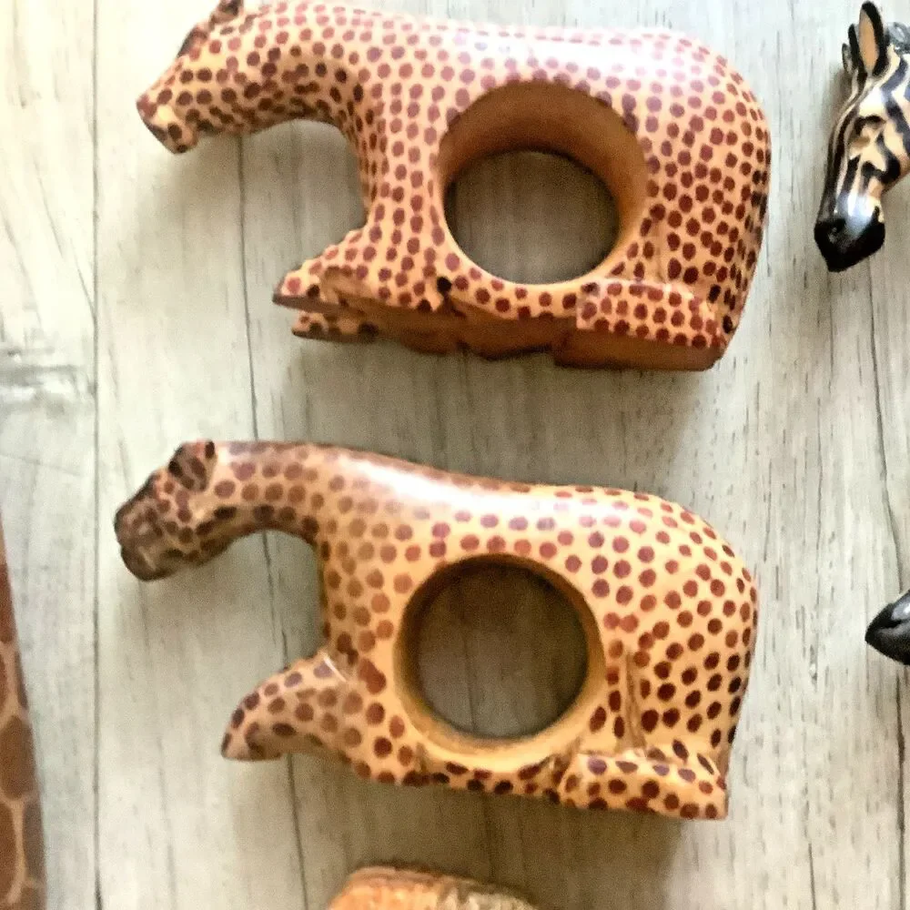 Vintage Napkin Rings Wood Hand Carved African Safari Animals Boho Decor Set of 8